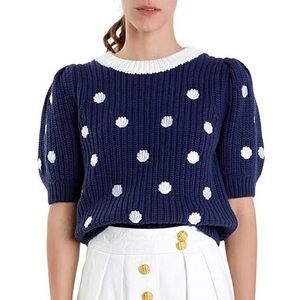 English Factory Seashell Navy Short Sleeve Sweater